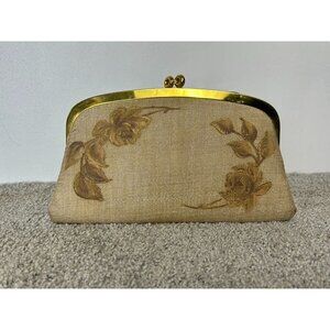 Vintage Hand Painted Woven Style Kiss Clasp Clutch Bag in Gold